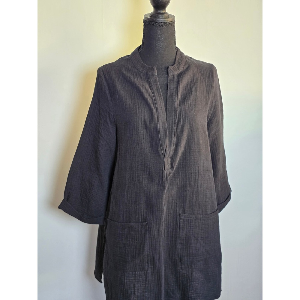 Kona Sol Women's Tunic Cover-Up Small Black Textured Cotton travel vacation
